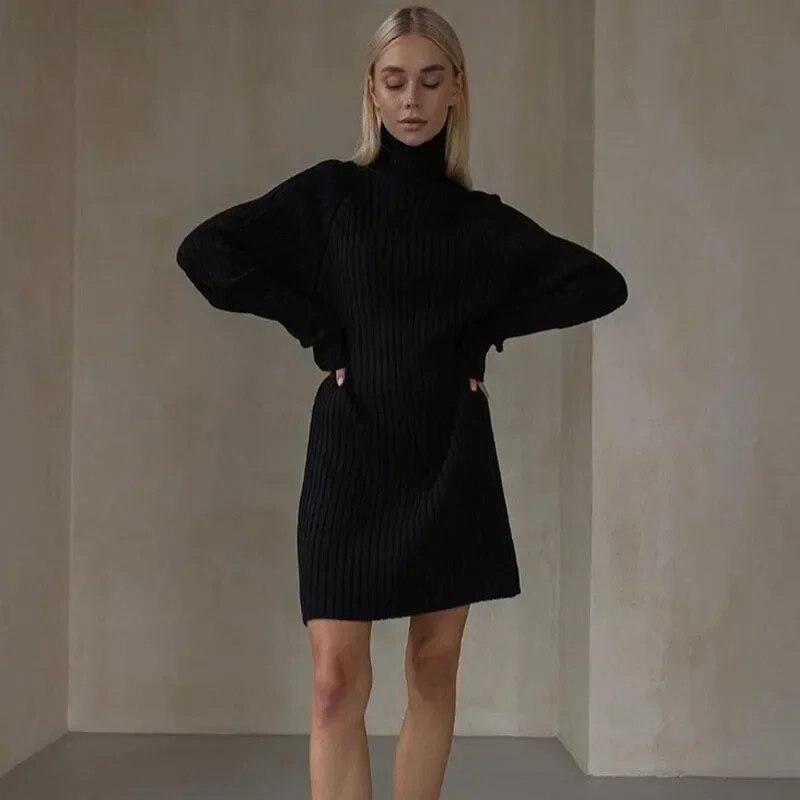 Casual Long Sleeve Turtleneck Sweater Dress Women Autumn Winter Short Knitted Dress Fashion Loose Slim Fit Solid Office-lady Dresses 30175