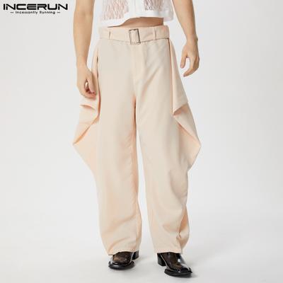 Men Belted Zipper Up Waist Harem Trousers Casual Big Swing Pants