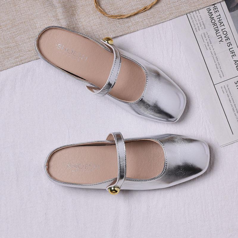 Silver inner heightening bag head half slippers women's outer wear 2025 summer new versatile small Mary Jane Mill shoes