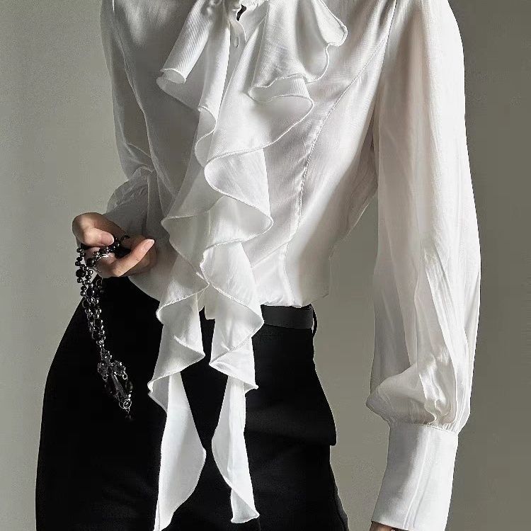 Deeptown Camicette Eleganti Vintage da Donna con Volant Nere Y2k Vittoriane Gotica Manica Lunga Collo Alto Camicie Larghe Preppy Senza Accessori