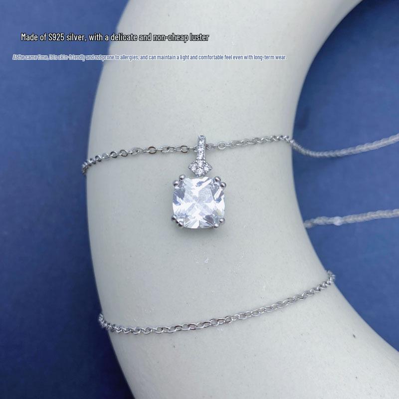 S925 Sterling Silver Square Cubic Zirconia Necklace: Korean Style, Light Luxury, Versatile Women's Fashion