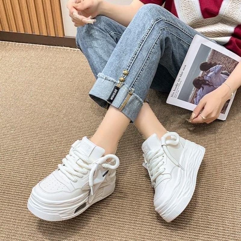 Autumn new thick-soled versatile board shoes women's fashion casual shoes student height increase leather surface white shoes women