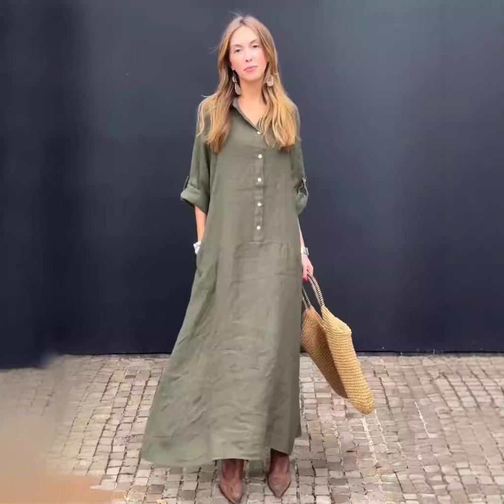 2024 Summer Women's Casual Plus Size Cotton Linen Pocket Shirt Collar Dress