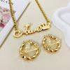Stainless Steel Gold Plated Customizable Double Layer Crown Name Necklace and Twisted Hoop Earrings Wedding Jewelry Set