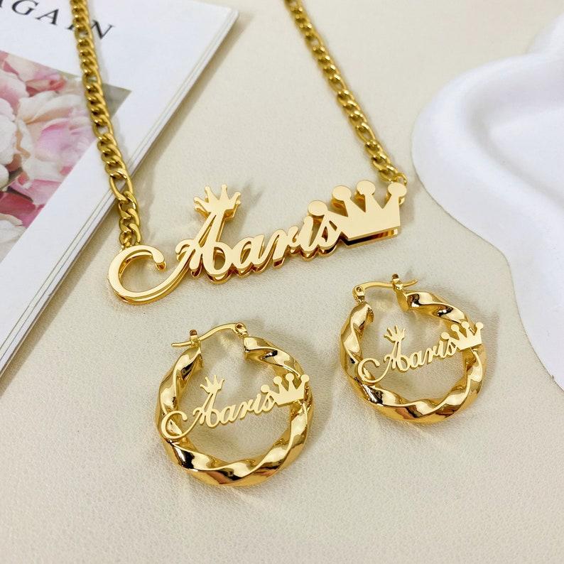 Stainless Steel Gold Plated Customizable Double Layer Crown Name Necklace and Twisted Hoop Earrings Wedding Jewelry Set