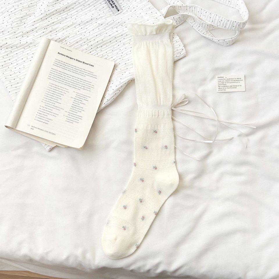 Spring and Summer Thin Ballet Style Women Socks JK Floral Ribbon Women Calf Socks Super Fairy Mesh Breathable Cotton Pile Socks