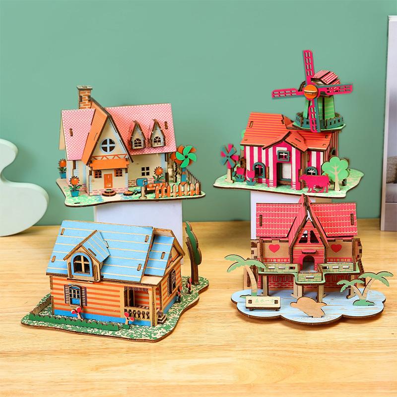 Laser Cutting DIY Houses Villas Building 3D Wooden Puzzle Toy Assembly Model Kits Desk Decoration for Children's Gift