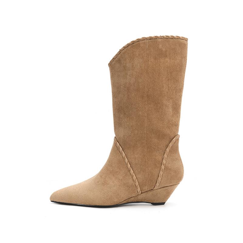 ~ Niche slope heel pointed flanged two wear pile boots short boots western cowboy boots women's 2025 medium boots