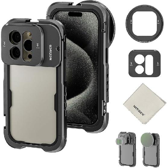 

Клетка NEEWER 15 Pro Max Видео Риг с двойными ручками, быстросъемный адаптер для фильтра 67 мм, задняя панель для объектива 17 мм, чистящая салфетка, алюминиевый кейс для iPhone 15 Pro