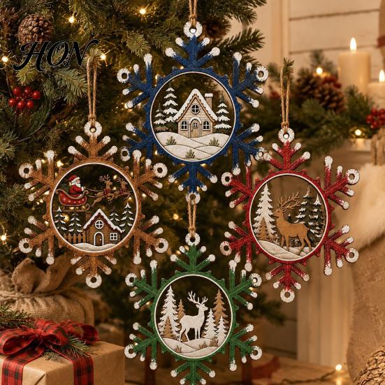 Lightweight Wooden Xmas Tree Hanging Set 4 Pcs Christmas Snowflake Ornaments, Rustic Decoration with Decorative Shapes for Gift Tags Elk Village House