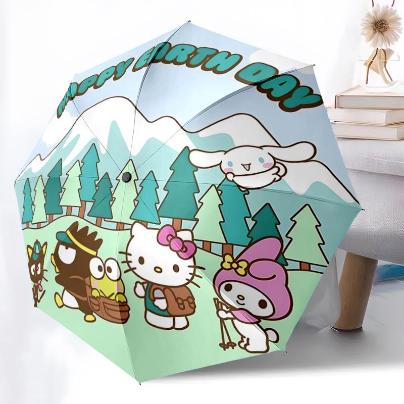 

1pc Hello Kitty & Friends Earth Day Camping Trip Automatic Opening/Closing Umbrella with Portable Three-Fold Design, 8-Bone Iron Frame Outdoor Umbrell