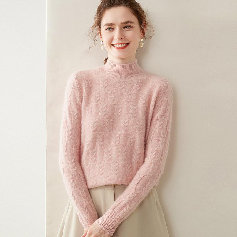 Women's Heavyweight Cashmere Cable Knit Top, Long Sleeve, Semi-High Neck, Loose, Warm Sweater for Autumn/Winter.