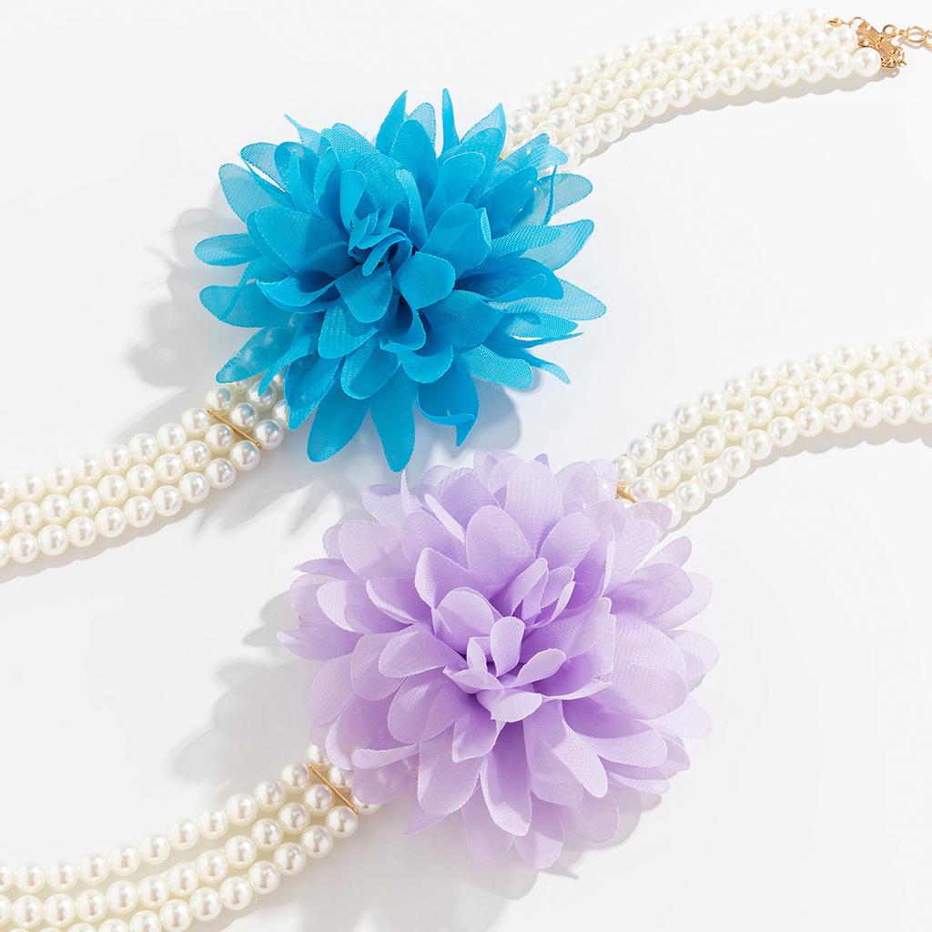 Vintage Imitation Pearl Floral Beaded Necklace, Handmade Chiffon Large Flower Collarbone Chain Collar