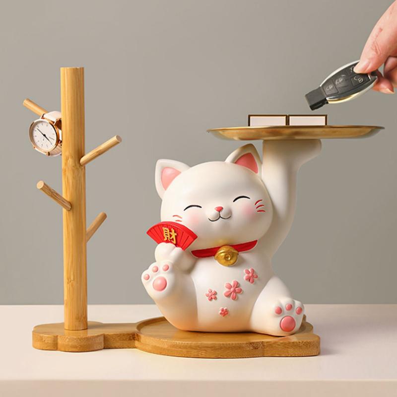 Lucky Cat Figurine with Bamboo Tray Stand, Resin Maneki Neko Decorative Storage Holder Key Plate Doorway Centerpiece