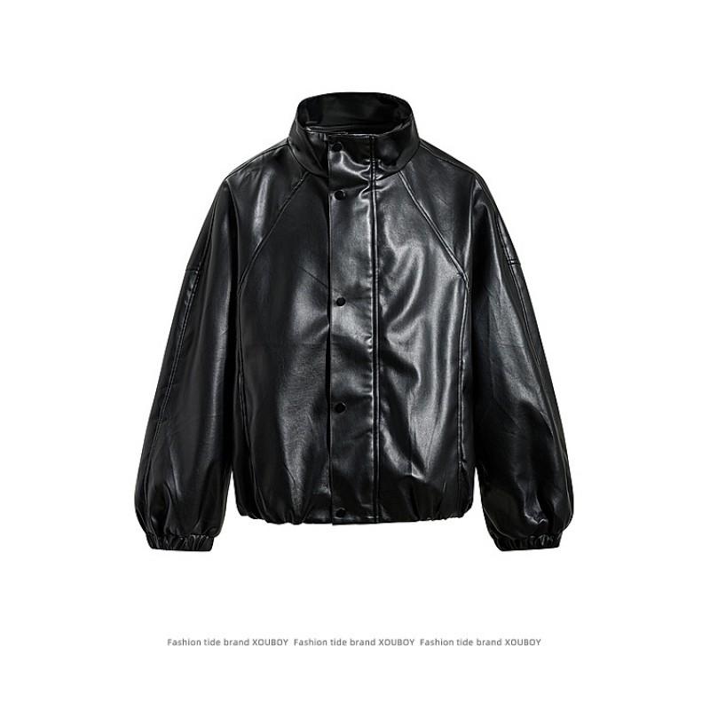 Unisex Stand Collar PU Leather Jacket Oversized Streetwear Casual Outerwear 2026