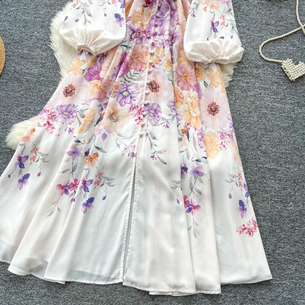 Spring/Summer Romantic Floral Print Stand-Up Collar Bell-Sleeve Slimming Party Dress for Women Elegant Single-breasted Maxi Dress with Belt