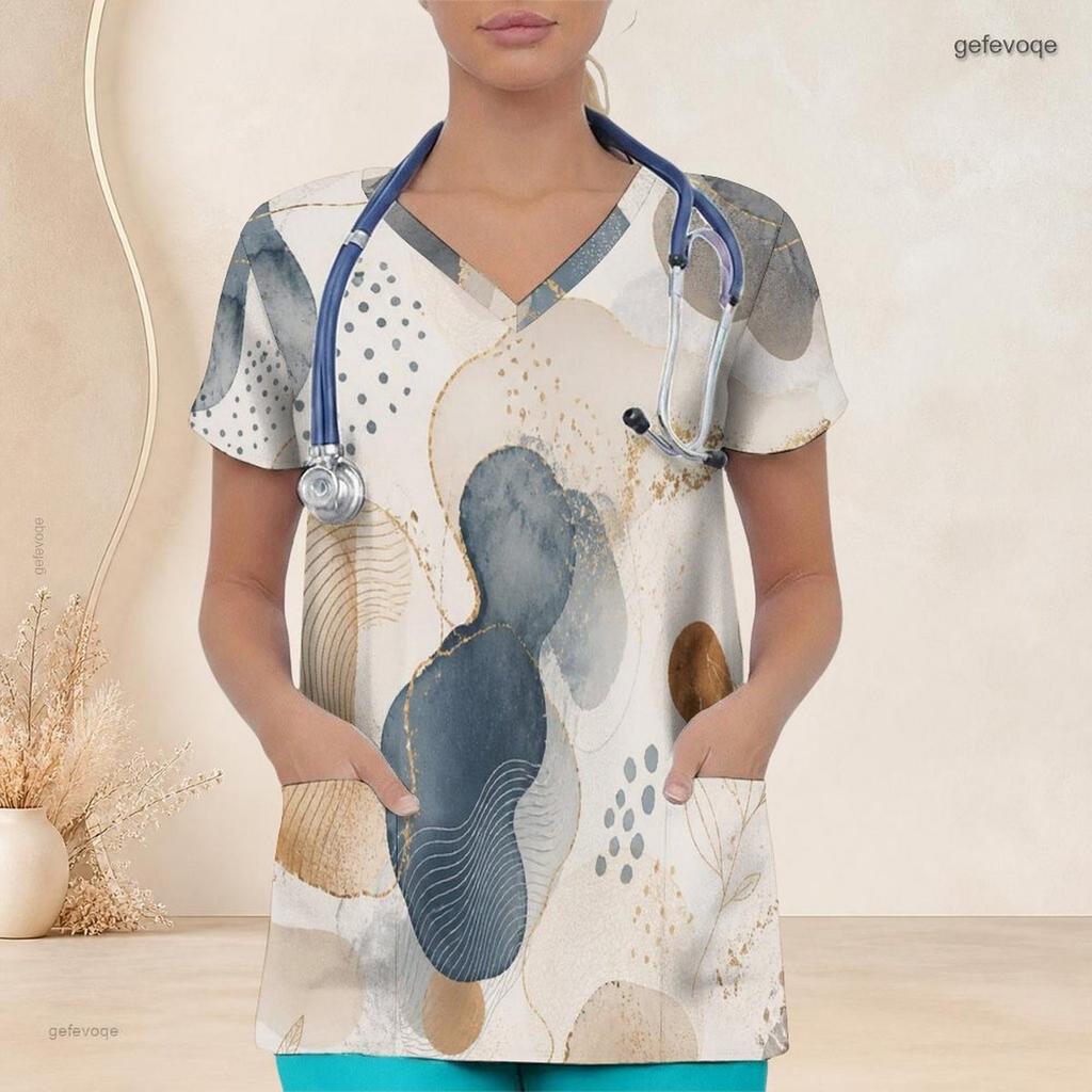 Women Plus Size Printed Nurse Scrub Top V Neck Short Sleeve With Front Pockets