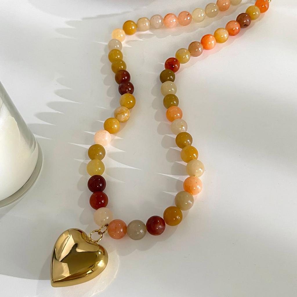 Trendy Gold Plated Necklace Heart Pendant Necklace Colorful Necklace Natural Stone Beaded Chain Necklace for Daily Party