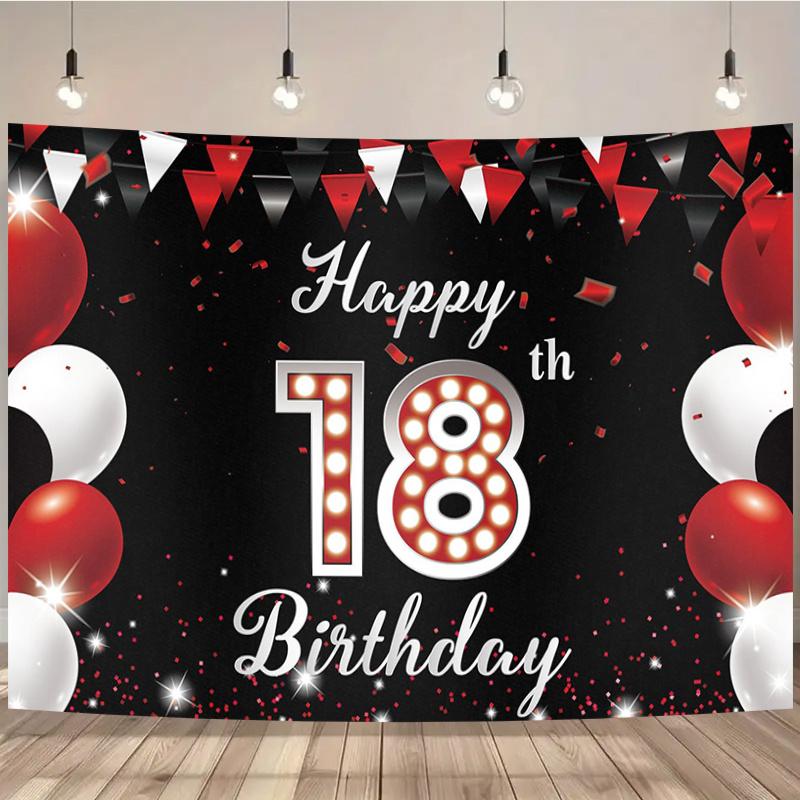 Happy 18th birthday! Red balloon polyester backgroundSparkling lights confetti and balloons perfect birthday party decoration 130x150cm