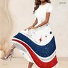 Women Plus Size Round Neck Short Sleeve Printed Gathered Waist A Line Long Dress Red Blue White