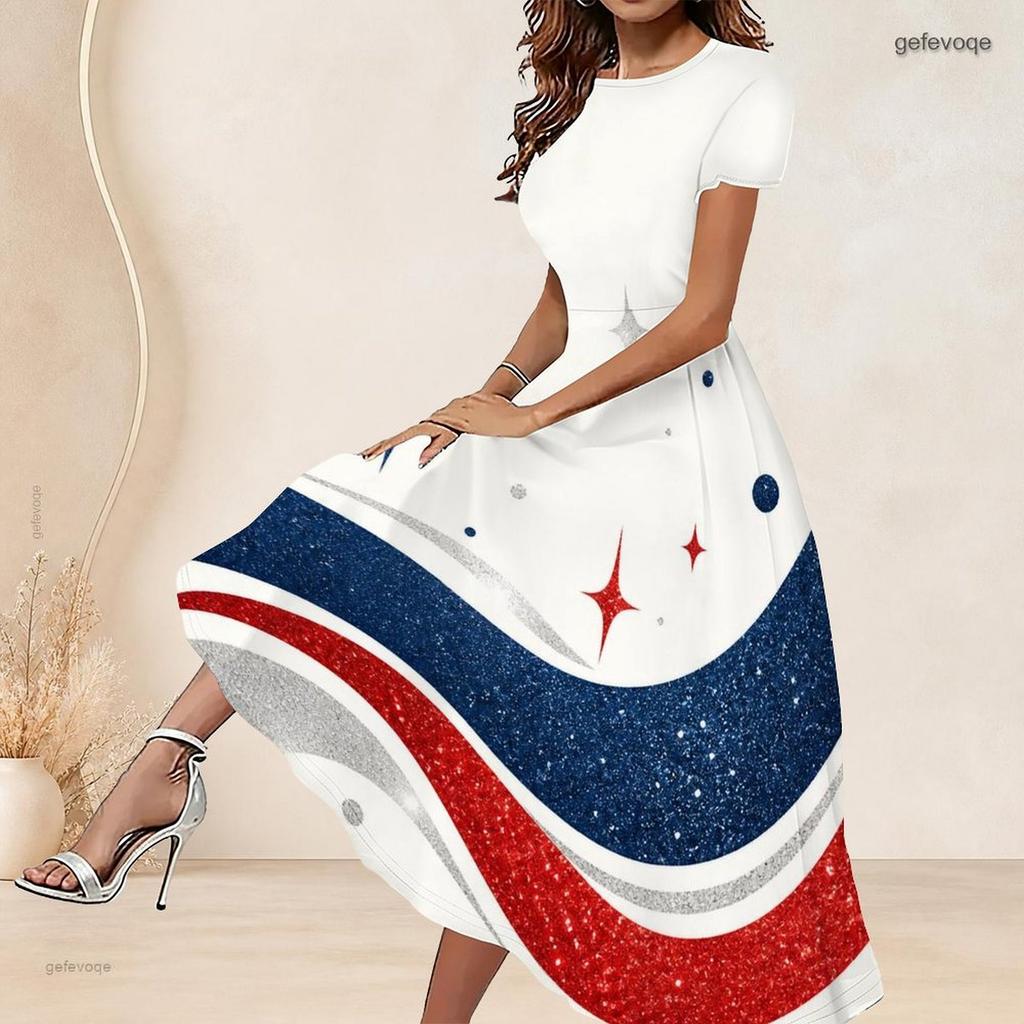 Women Plus Size Round Neck Short Sleeve Printed Gathered Waist A Line Long Dress Red Blue White