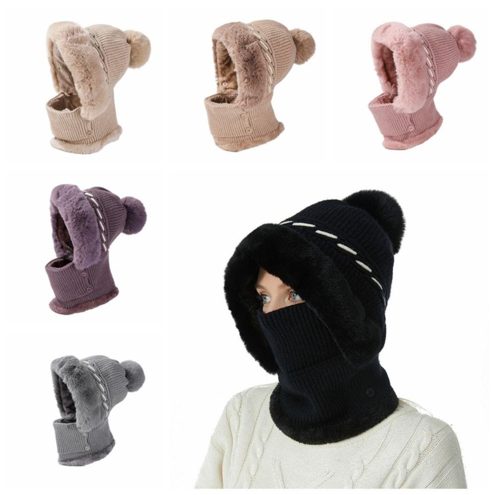 Plush 2in1 Scarf Hat Thicken Warm Balaclavas Hat Simple Winter Cap Mask Set Female Male