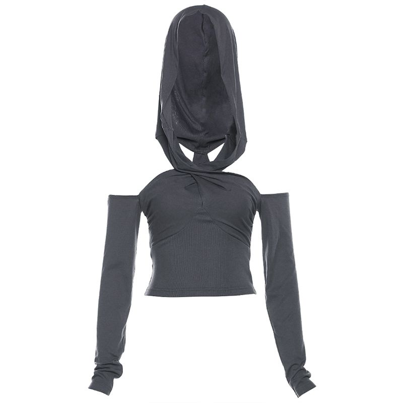 

Странная киска Y2g Миллениум Сексуальный Стильный С открытыми плечами С капюшоном Нишевый стиль Однотонная Приталенная Футболка Топы Gray S