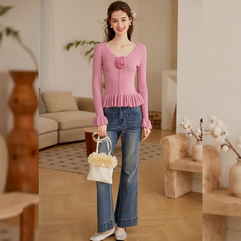 Bailuyu Women's V-Neck Ruffle Knit Sweater with Detachable Flower