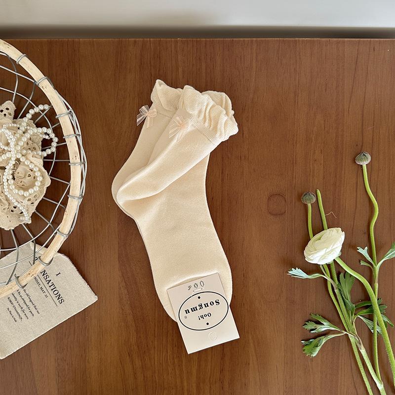 

Женские весенне-летние новые хлопковые носки-гольфы с бантиком на пятке и бесшовным носком 1 pair кремовый/бежевый