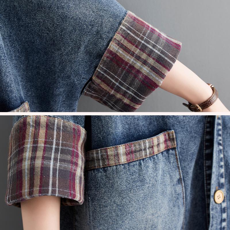 DIMANAF 2023 Podzimní košile Denim Coat Halenka Ležérní Košile s dlouhým rukávem Dámská košile Kostkovaná Volná Modrá Patchwork Vintage Dámské topy s výstřihem do V