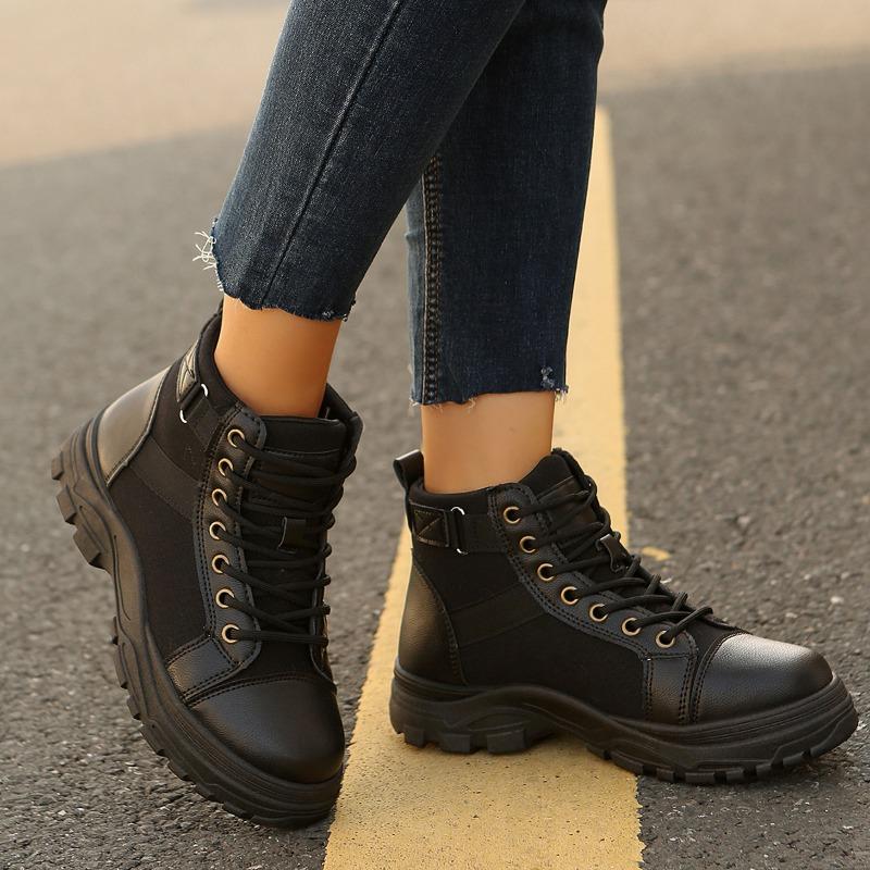 Fashion Women's Thick Sole Cotton Boots Winter New Round Head Splicing Front Strap Side Pull Anti-slip Wear-resistant Short Boots