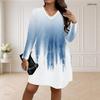 Women Plus Size V Neck Long Sleeve Printed Loose Fit Curved Hem Dress