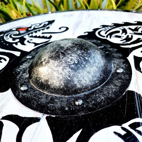 60.96 Cm Wooden Shield Dragon Print Medieval Viking Shield Replica Valhalla Shield Fenrir Gray Battle Worn Shield