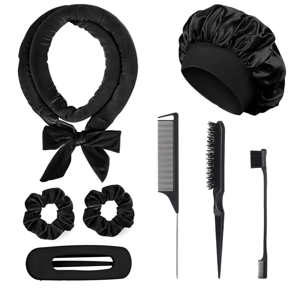 8/5/4 Stück Hitzeloses Lockenwickler-Set Satin-Schlafhaube Keine Hitze Über Nacht Locken Kantenbürste Scrunchies Kamm Schwarzer Geschenk Kamm Styling-Werkzeuge