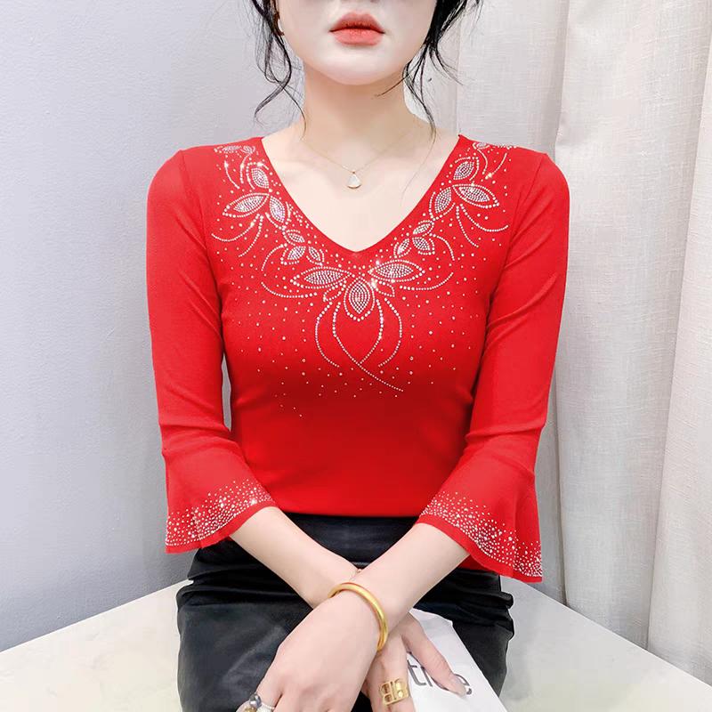 Summer Streetwear Women's Tops Shirt Elegant Slim V-Neck Hot Diamonds Mesh T-Shirt Flare Sleeve Slim Tees