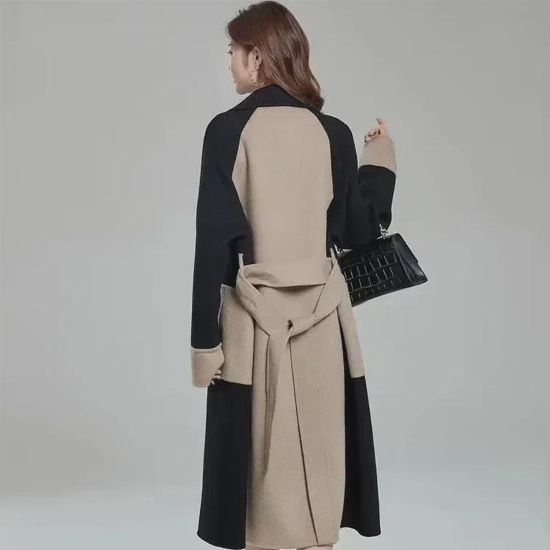 Women's Long Woolen Coat - 2024 Winter European & American Color-Block Hepburn Style Slim Coat