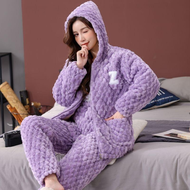 Pajamas women's winter three-layer thickened models fleece coral fleece warm padded cotton autumn and winter women's loungewear