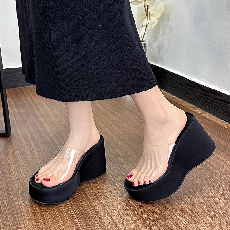 Fashion 2025 New Genuine Leather Slope Heel Transparent One Word Slippers for Women Height Increasing Thick Bottom Half Slippers
