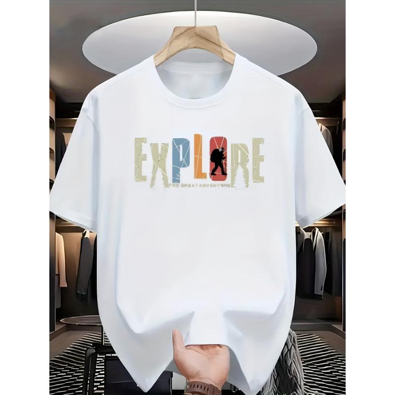 

European sizes Adventure Print T-Shirt with EXPLORE Lettering & Explorer Graphic - White Casual Short Sleeve Round Neck Summer 4XL