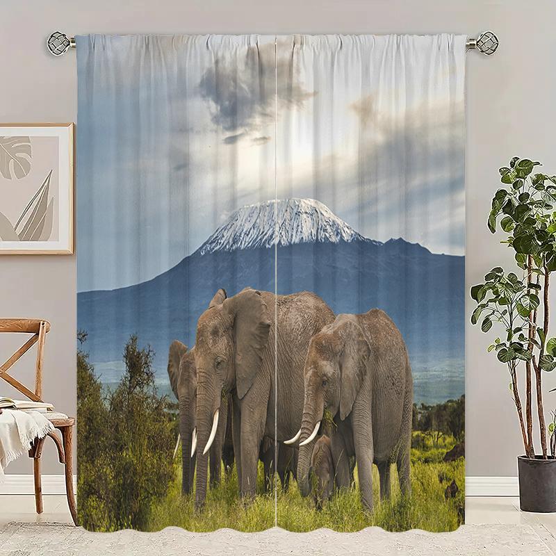 

Migrating Elephant Printed Curtain Polyester Material Suitable Family Bedroom Living Room Decoration Curtains Set Of 2 Made Sitting Decor W100*H70(CM)-Grommet top&2PCS