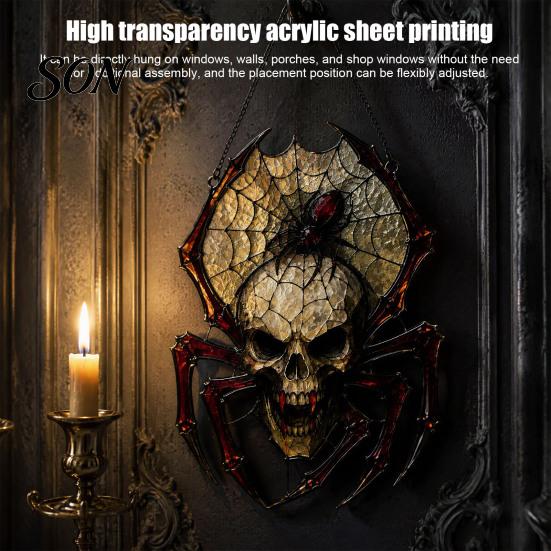 Durable Halloween Home Accessories Wind Chime Skull Spider Suncatcher, Double Side Printed Acrylic Window Retro Horror Party Supplies Ornament,