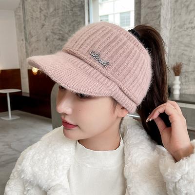 Autumn and Winter Versatile Iron Standard Knitted Rabbit Wool Hat Women's Fleece Thickened Warm Ear Protection Duck Tongue Empty Top Hat