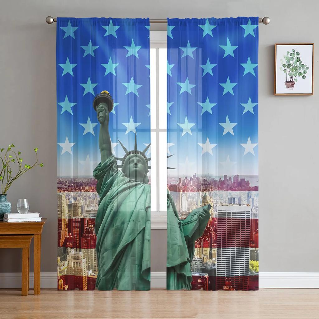 Statue Of Liberty Black White Tulle Window Curtains Living Room Organza Sheer Voile Curtain Bedroom Kitchen Home Decor Drape