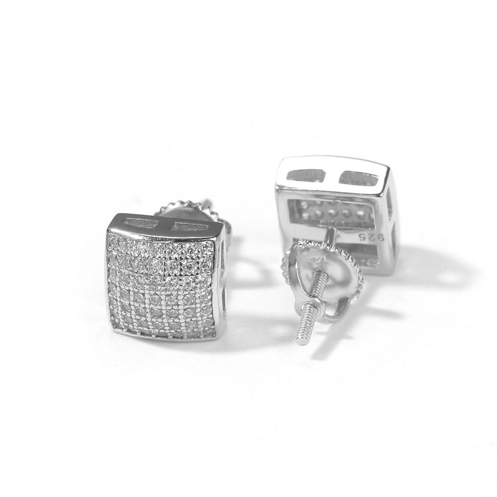Hip-hop curved square stud earrings 925 silver micro-inlaid zircon simple earrings accessories