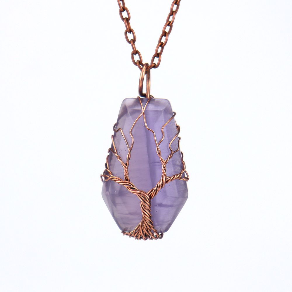Handmade Ancient Red Copper Wound Tree Of Life Natural Crystal Stone Octahedron Necklace Fortune Tree Necklace N539
