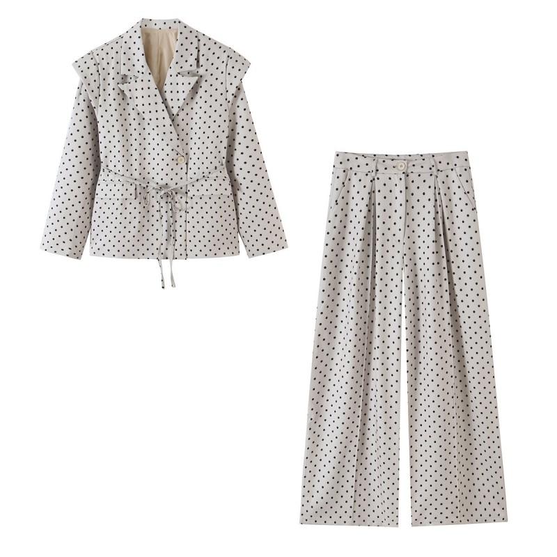 Womens Fall Winter French Polka Dot V Neck Blazer Wide Leg Pants Set OL Commute Casual Outfit