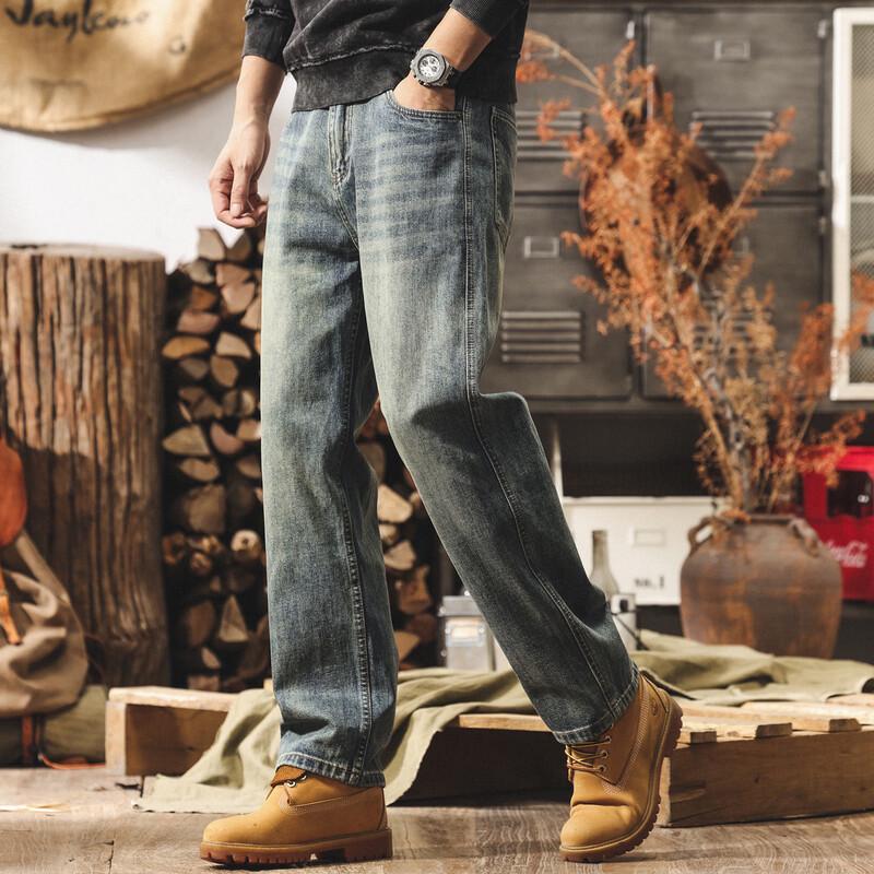 Jie Leinor Men s Loose Straight Fit American Retro Jeans 32