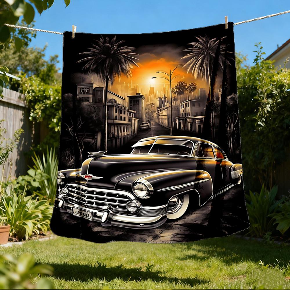 1pc Vintage Car Sunset Outdoor Flannel Blanket , Machine Washable Perfect Gift for Birthday , Holiday Travel Accessory , Durable Material
