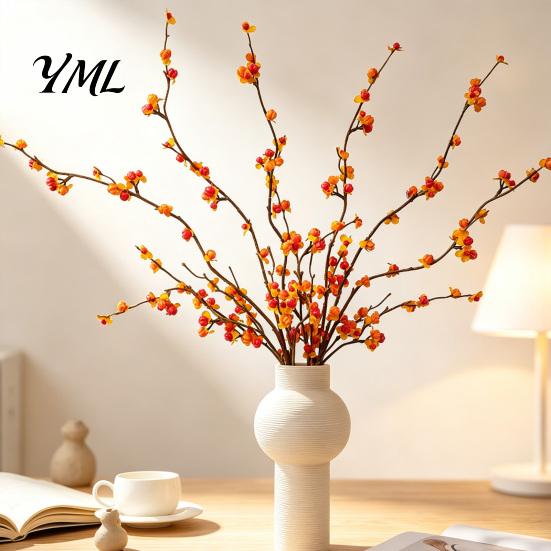 Decorative Gold Green Leaves Long Artificial Bittersweet Branches, Fall Berry Stems for Vase, Faux Plants Flexible Branches Thanksgiving Table