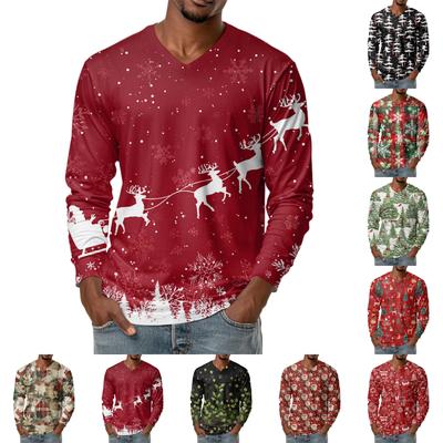 Men's Fashion Printed V-Neck Casual Long-Sleeved T-Shirt Bottoming Shirt Top